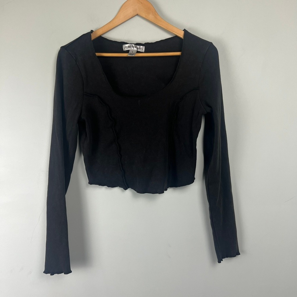 Madden Girl Brown Ribbed Crop Top L Long Sleeve Distressed Grunge Alt Goth Y2k